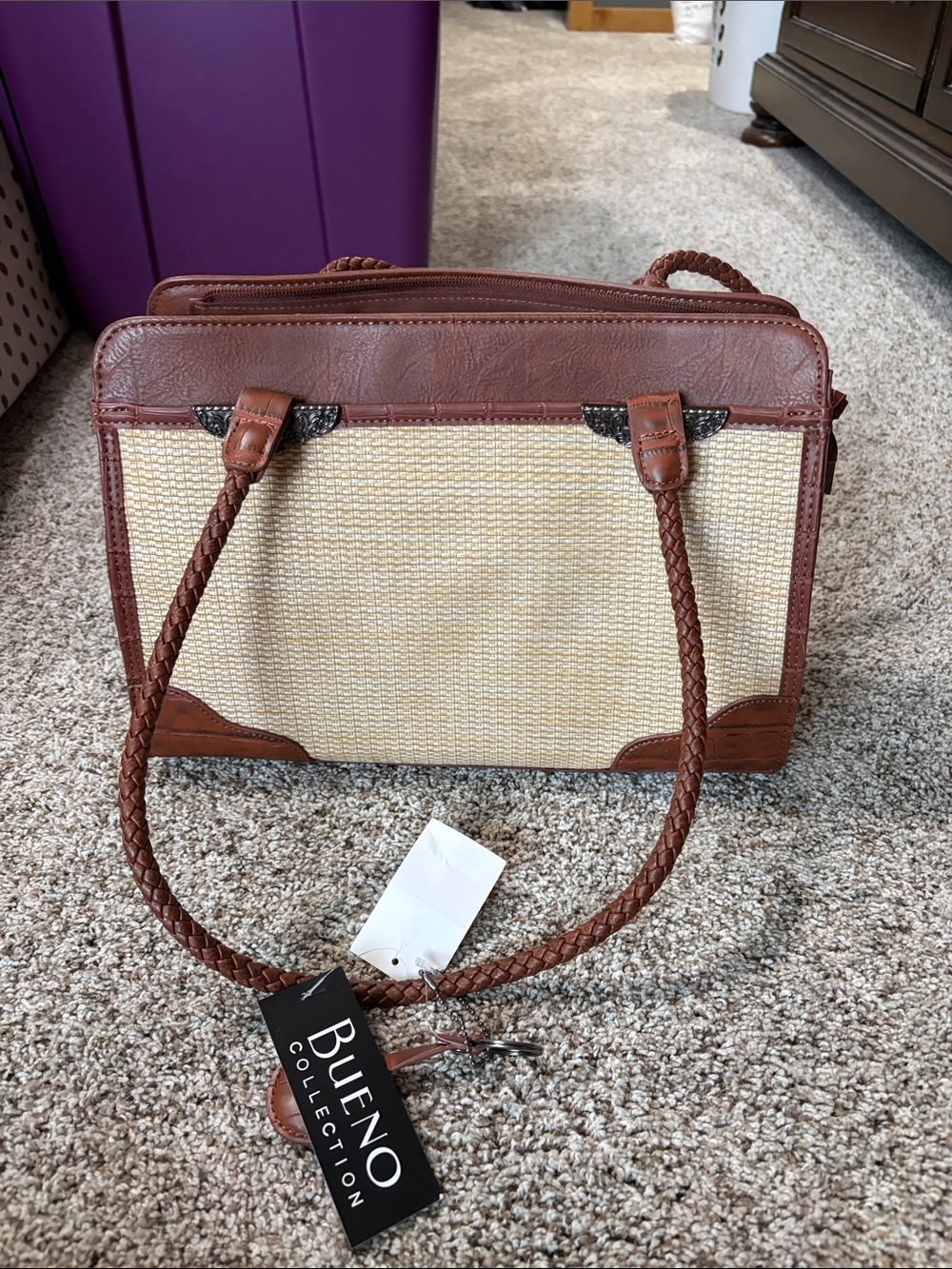Bueno Cream Woven Shoulder Bag with Brown Trim